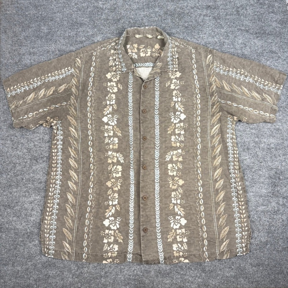 Tommy Bahama Mens Brown 100% Silk Hibiscus Floral Short Sleeve Button Shirt XL
